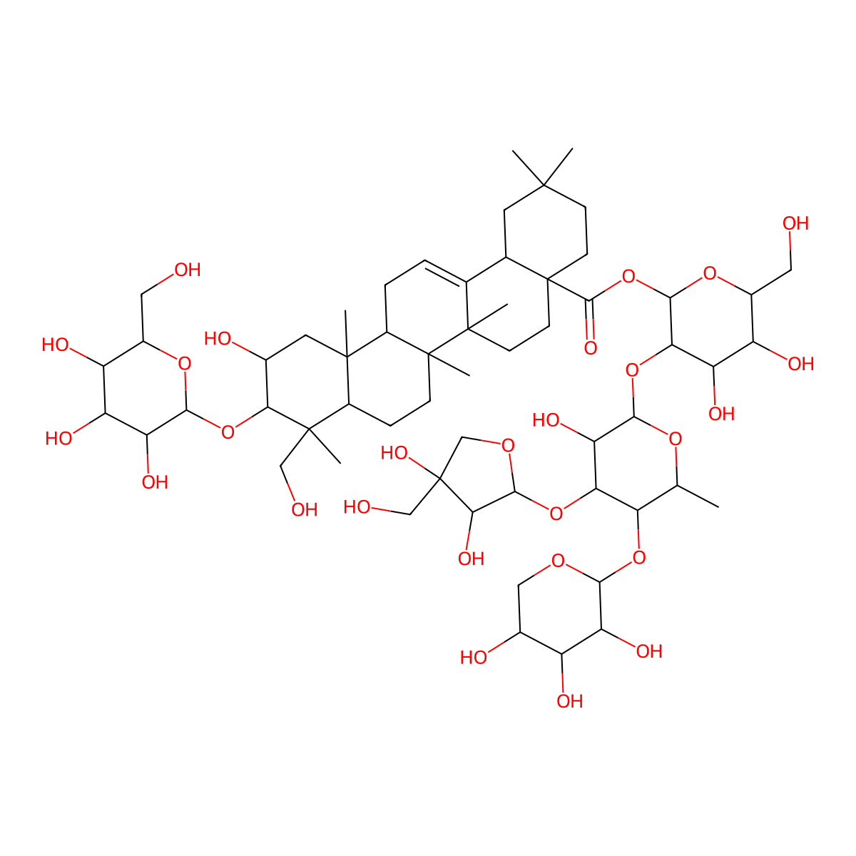 [(2S,3R,4S,5S,6R)-3-[(2S,3R,4S,5S,6S)-4-[(2S,3R,4R)-3,4-dihydroxy-4-(hydroxymethyl)oxolan-2-yl]oxy-3-hydroxy-6-methyl-5-[(2R,3R,4S,5R)-3,4,5-trihydroxyoxan-2-yl]oxyoxan-2-yl]oxy-4,5-dihydroxy-6-(hydroxymethyl)oxan-2-yl] (4aS,6aR,6aS,6bR,8aR,9R,10R,11S,12aR,14bS)-11-hydroxy-9-(hydroxymethyl)-2,2,6a,6b,9,12a-hexamethyl-10-[(2R,3R,4S,5S,6R)-3,4,5-trihydroxy-6-(hydroxymethyl)oxan-2-yl]oxy-1,3,4,5,6,6a,7,8,8a,10,11,12,13,14b-tetradecahydropicene-4a-carboxylate molecular structure, CAS 162857-65-0