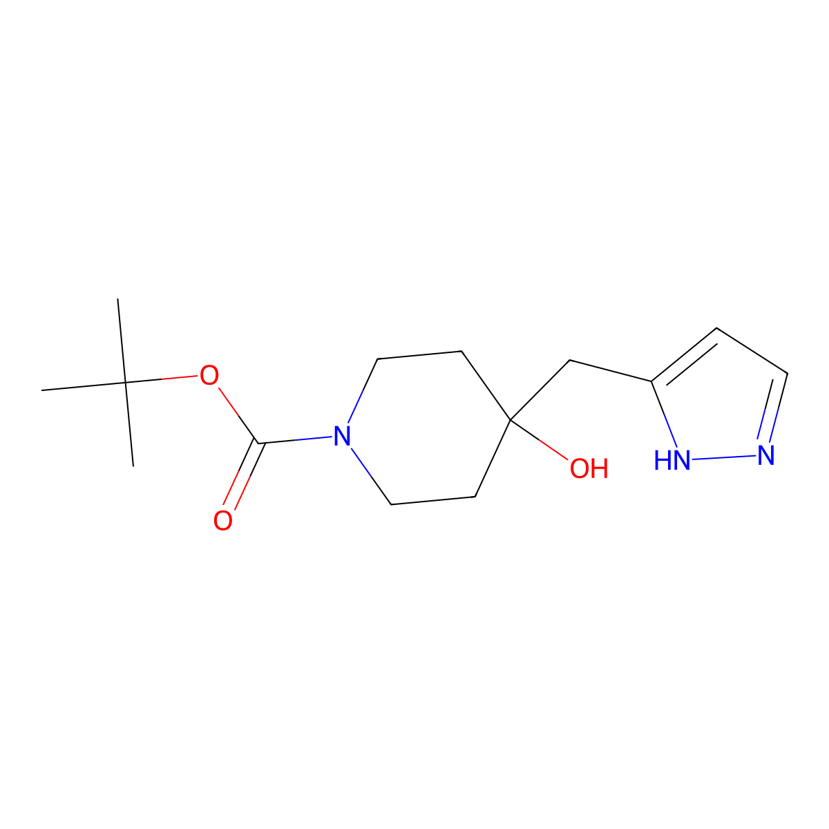 tert-butyl 4-hydroxy-4-[(1H-pyrazol-3-yl)methyl]piperidine-1-carboxylate molecular structure, CAS 1628689-16-6