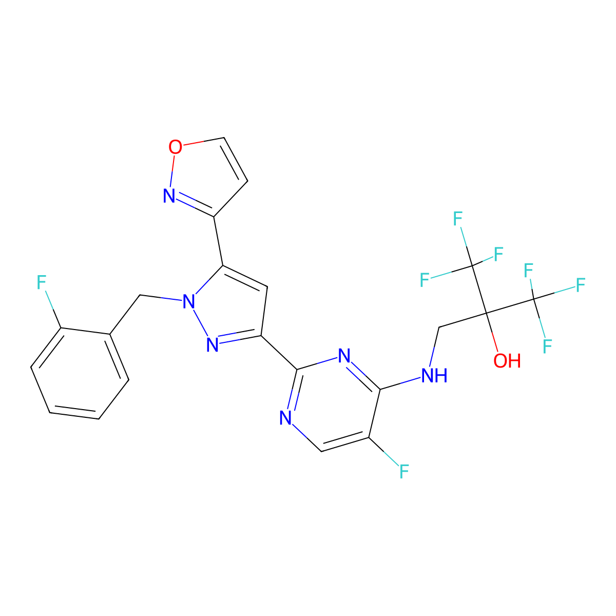 1,1,1,3,3,3-Hexafluoro-2-(((5-fluoro-2-(1-((2-fluorophenyl)methyl)-5-(3-isoxazolyl)-1H-pyrazol-3-yl)-4-pyrimidinyl)amino)methyl)-2-propanol molecular structure, CAS 1628730-49-3