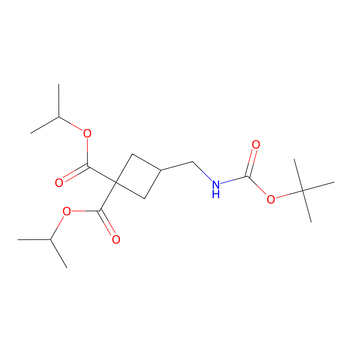 Diisopropyl 3-(((tert-butoxycarbonyl)amino)methyl)cyclobutane-1,1-dicarboxylate molecular structure, CAS 1628783-89-0