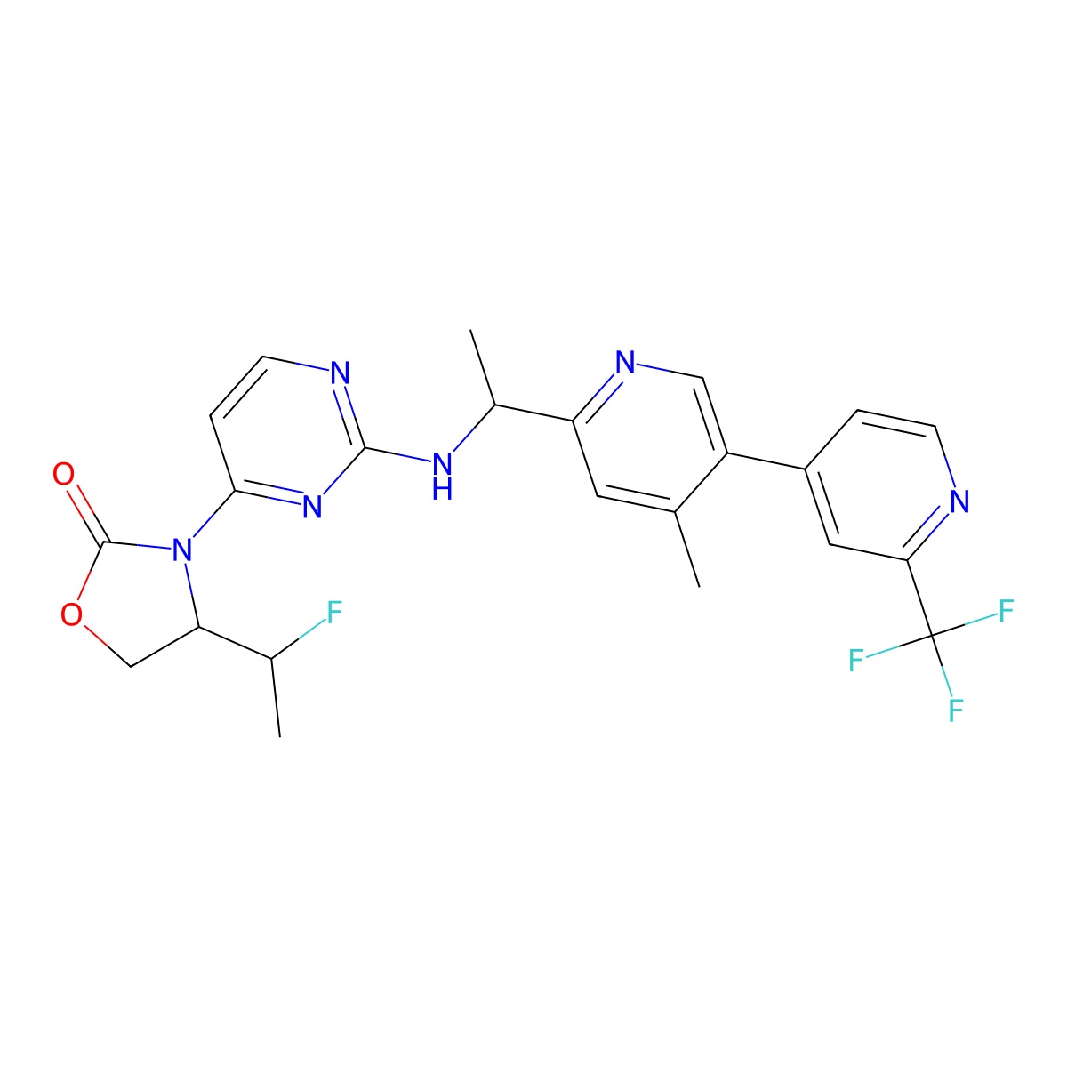(4R)-4-[(1S)-1-fluoroethyl]-3-[2-[[(1S)-1-[4-methyl-5-[2-(trifluoromethyl)pyridin-4-yl]pyridin-2-yl]ethyl]amino]pyrimidin-4-yl]-1,3-oxazolidin-2-one molecular structure, CAS 1628805-46-8