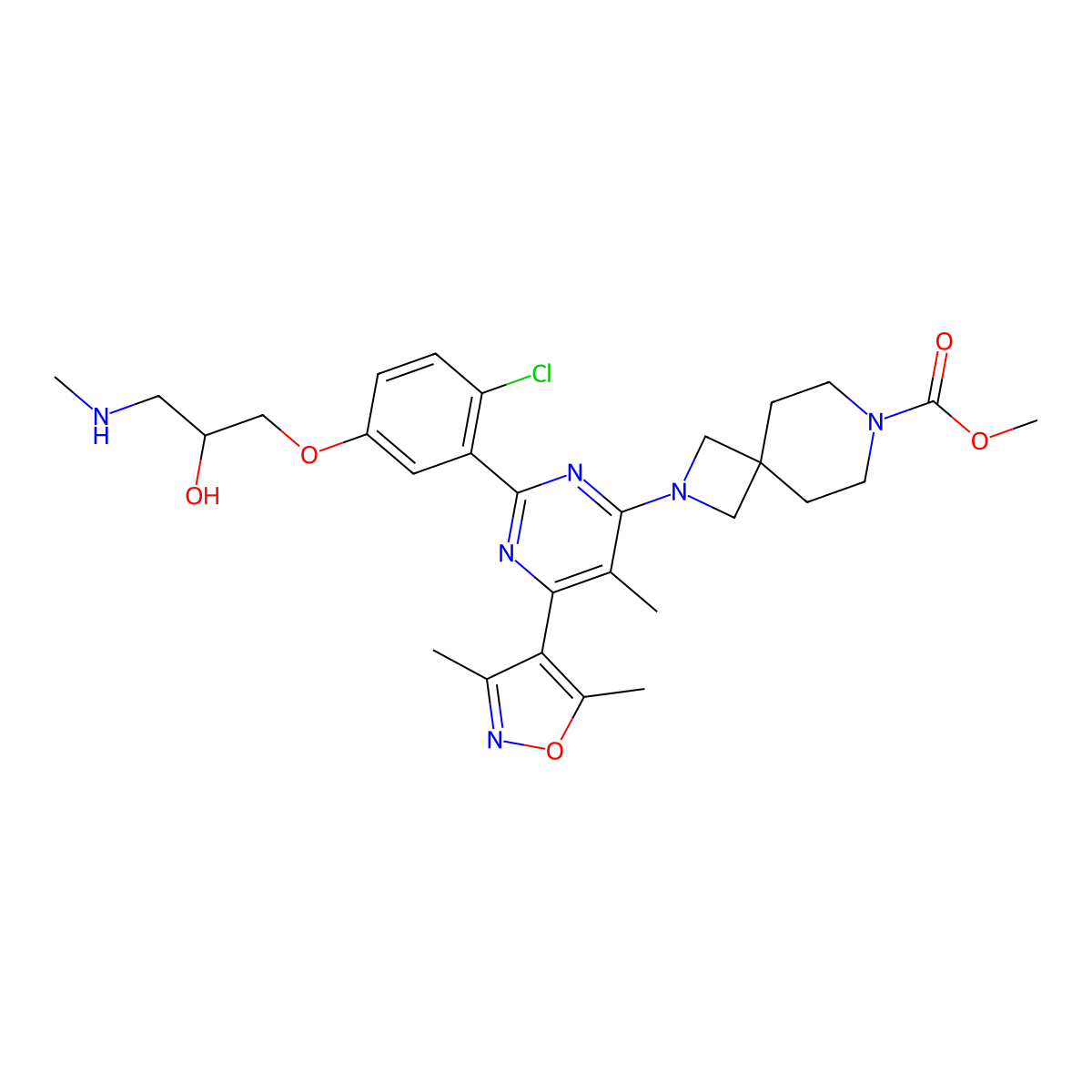 Methyl 2-(2-(2-chloro-5-((R)-2-hydroxy-3-(methylamino)propoxy)phenyl)-6-(3,5-dimethylisoxazol-4-yl)-5-methylpyrimidin-4-yl)-2,7-diazaspiro[3.5]nonane-7-carboxylate molecular structure, CAS 1628830-21-6