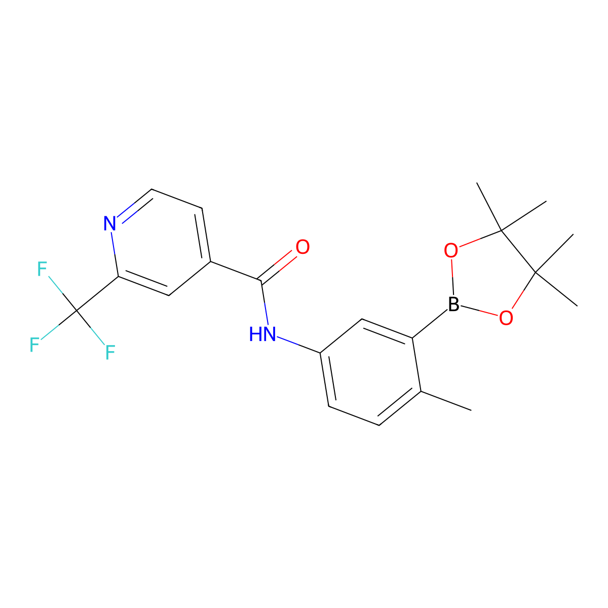 N-(4-methyl-3-(4,4,5,5-tetramethyl-1,3,2-dioxaborolan-2-yl)phenyl)-2-(trifluoromethyl)isonicotinamide molecular structure, CAS 1628839-37-1