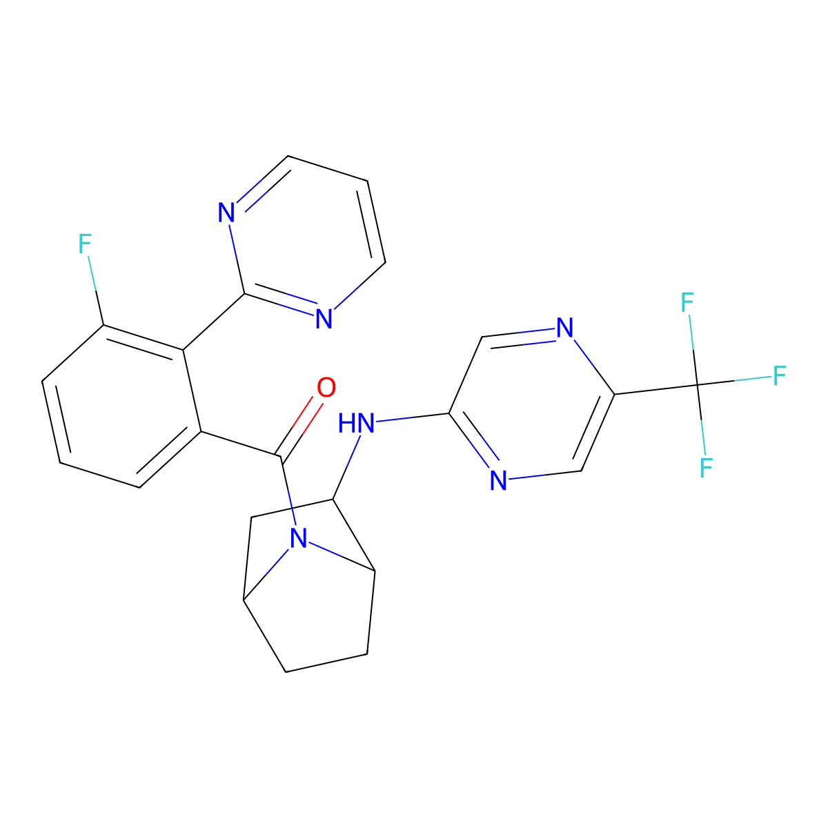 (3-fluoro-2-(pyrimidin-2-yl)phenyl)((1S,2R,4R)-2-((5-(trifluoromethyl)pyrazin-2-yl)amino)-7-azabicyclo[2.2.1]heptan-7-yl)methanone molecular structure, CAS 1628843-99-1