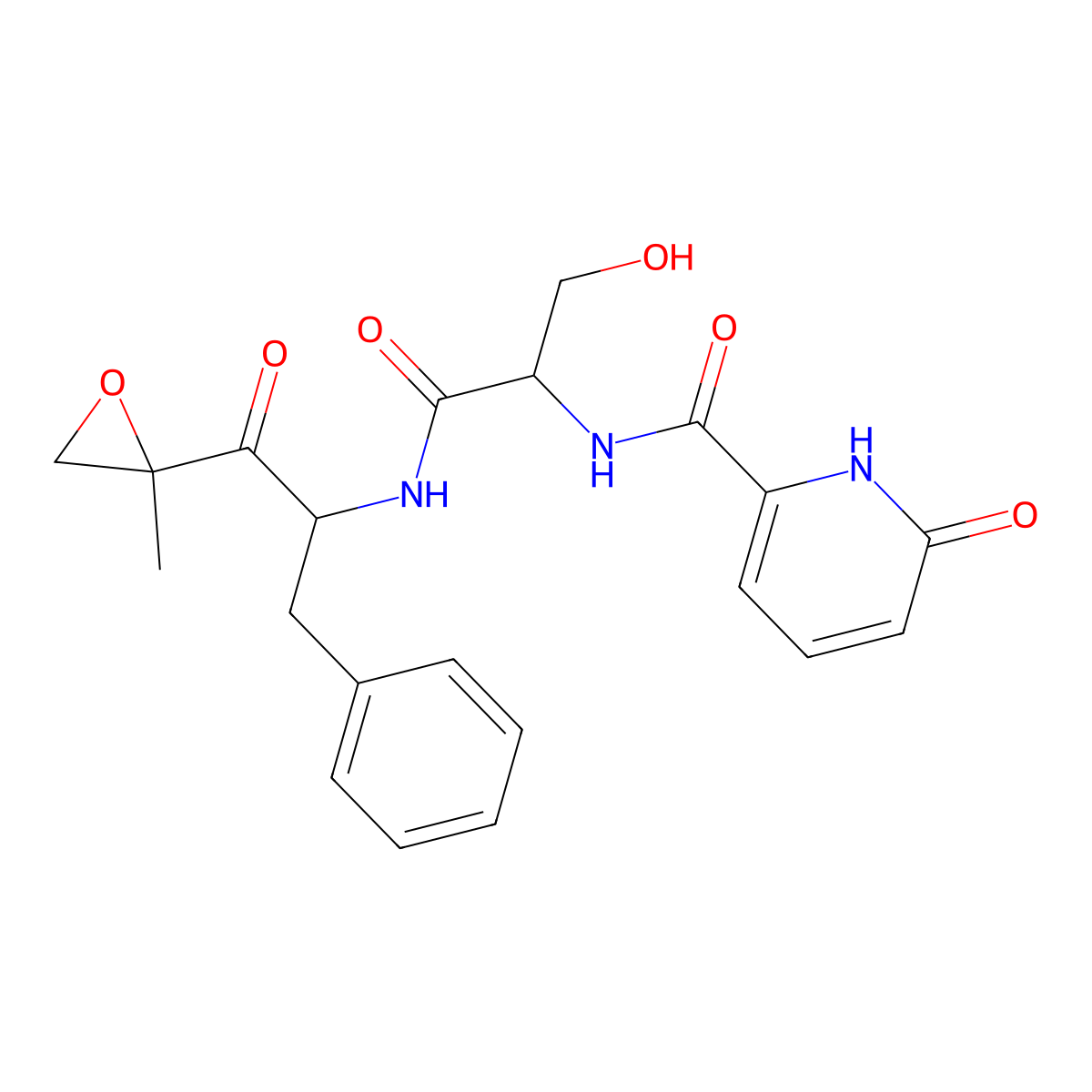 N-((S)-3-Hydroxy-1-(((S)-1-((R)-2-methyloxiran-2-YL)-1-oxo-3-phenylpropan-2-YL)amino)-1-oxopropan-2-YL)-6-oxo-1,6-dihydropyridine-2-carboxamide molecular structure, CAS 1629052-78-3