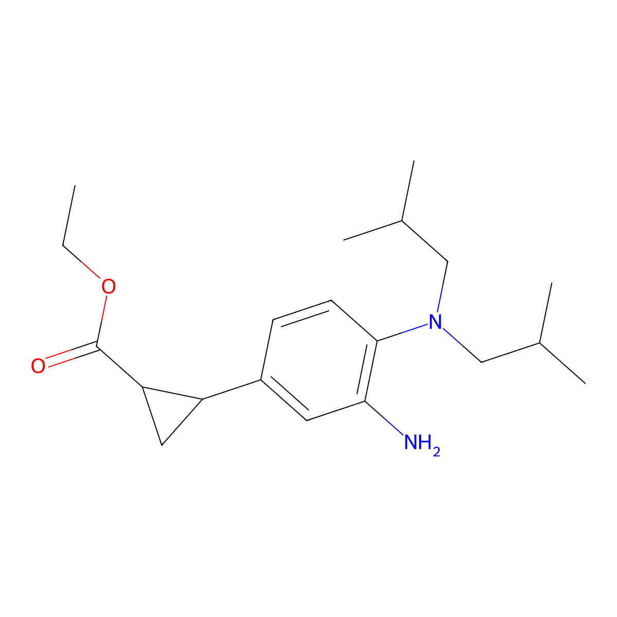 Cyclopropanecarboxylic acid, 2-[3-amino-4-[bis(2-methylpropyl)amino]phenyl]-, ethyl ester, (1R,2S)- molecular structure, CAS 1629126-20-0