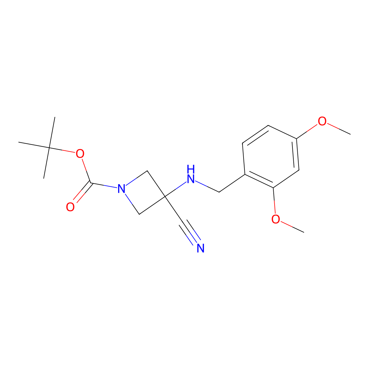 Tert-butyl 3-cyano-3-((2,4-dimethoxybenzyl)amino)azetidine-1-carboxylate molecular structure, CAS 1629579-52-7