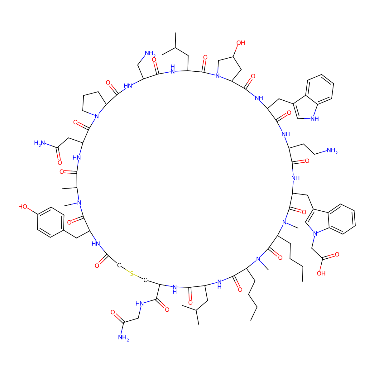 Ac(1)-Tyr-N(Me)Ala-Asn-Pro-Dap-Leu-Hyp-Trp-Dab-Trp(EtO2H)(EtO2H)-N(Me)Nle-N(Me)Nle-Leu-Cys(1)-Gly-NH2 molecular structure, CAS 1629665-96-8