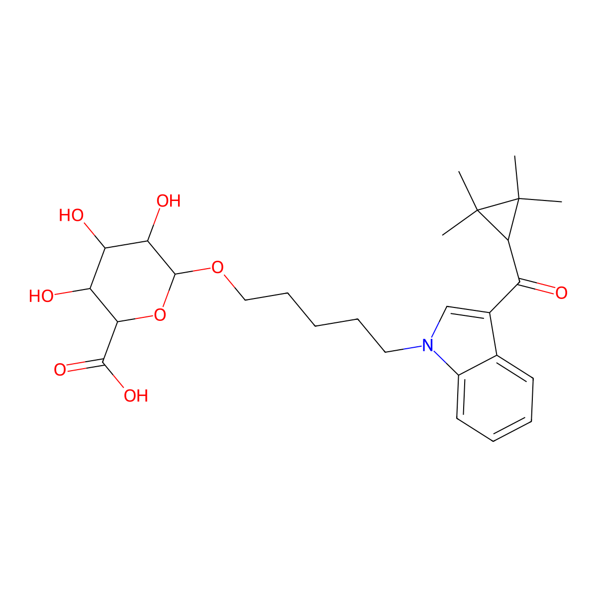 (2S,3S,4S,5R,6R)-3,4,5-trihydroxy-6-[5-[3-(2,2,3,3-tetramethylcyclopropanecarbonyl)indol-1-yl]pentoxy]oxane-2-carboxylic acid molecular structure, CAS 1630023-01-6