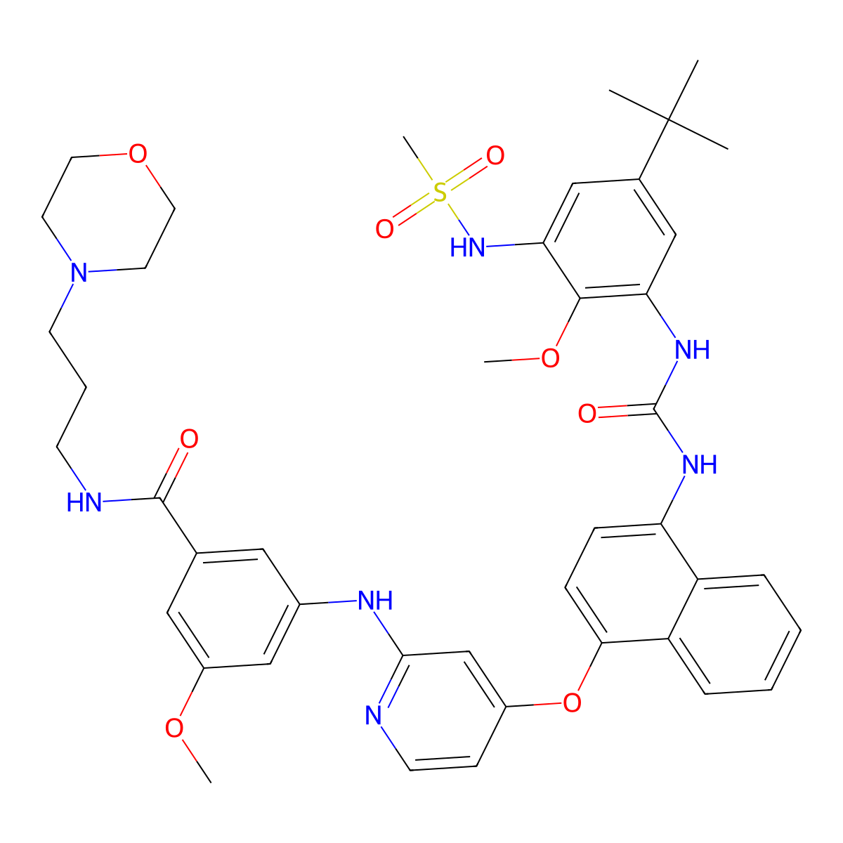 3-((4-((4-(3-(5-(tert-Butyl)-2-methoxy-3-(methylsulfonamido)phenyl)ureido)naphthalen-1-yl)oxy)pyridin-2-yl)amino)-5-methoxy-N-(3-morpholinopropyl)benzamide molecular structure, CAS 1630203-25-6
