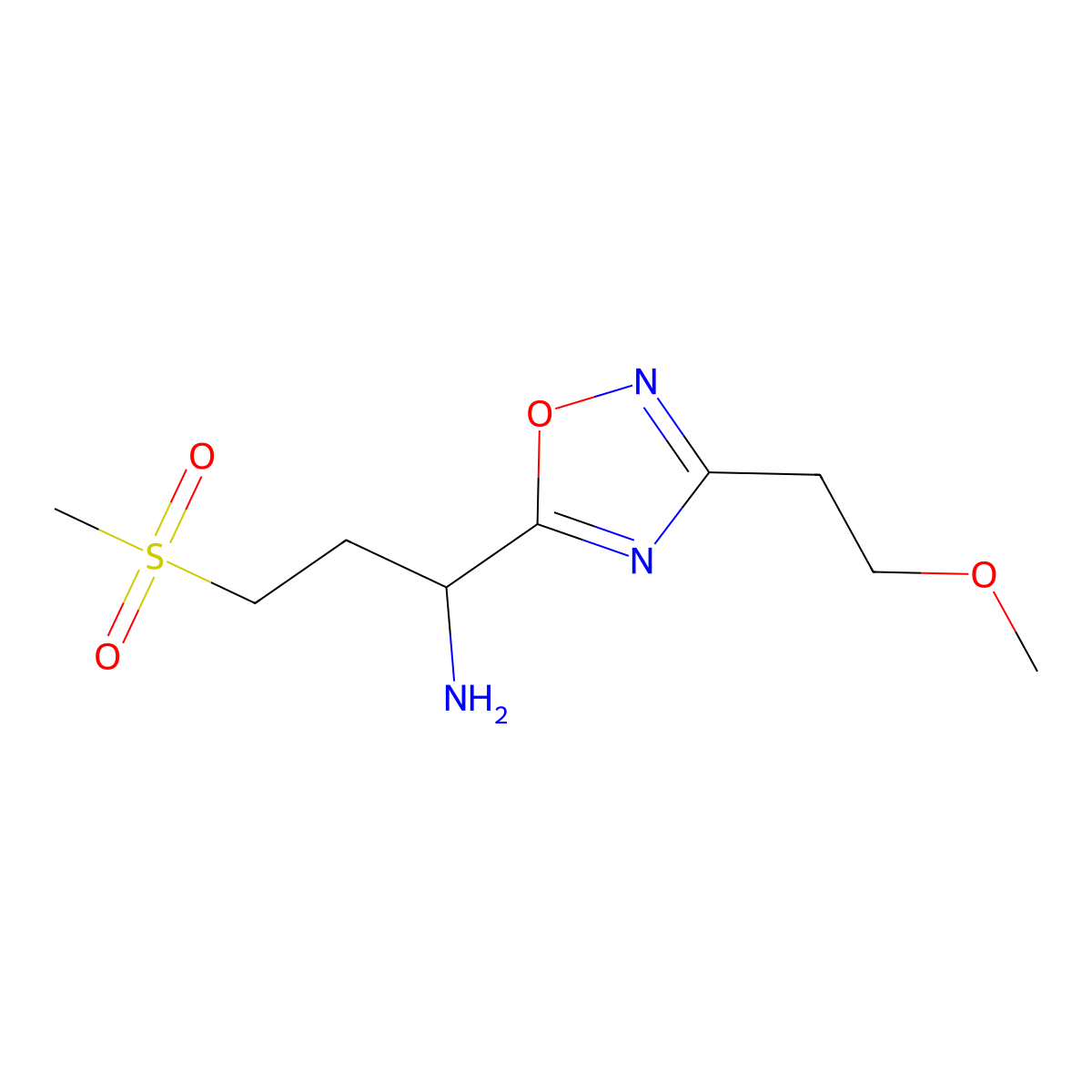 1-[3-(2-Methoxyethyl)-1,2,4-oxadiazol-5-yl]-3-(methylsulfonyl)propan-1-amine molecular structure, CAS 1630763-50-6