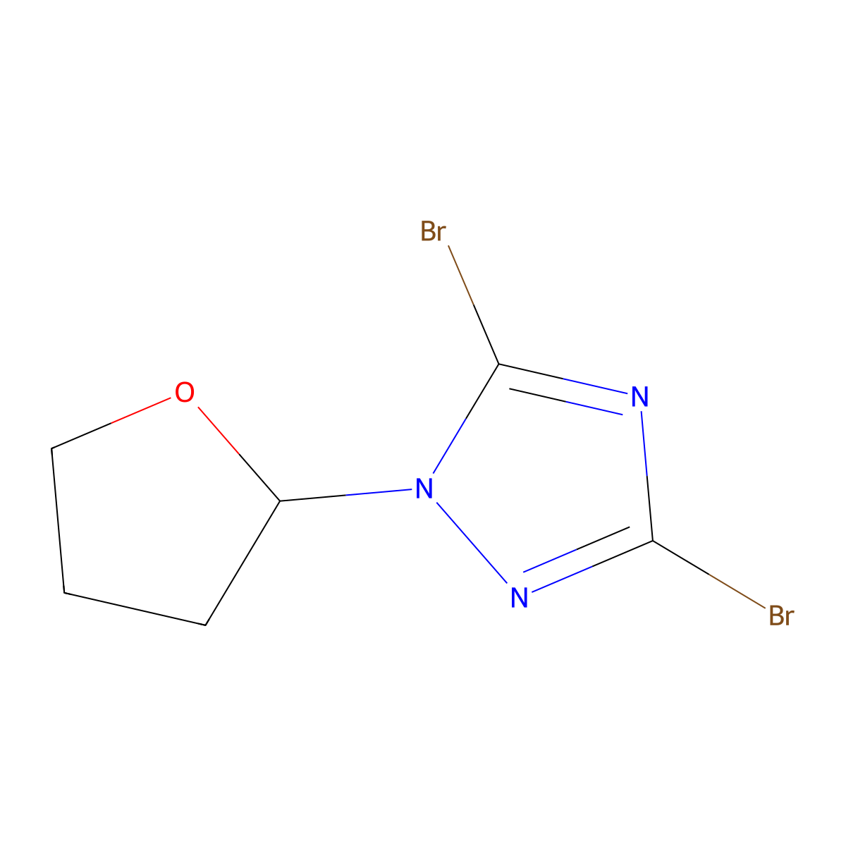 3,5-dibromo-1-(tetrahydrofuran-2-yl)-1H-1,2,4-triazole molecular structure, CAS 1630763-91-5