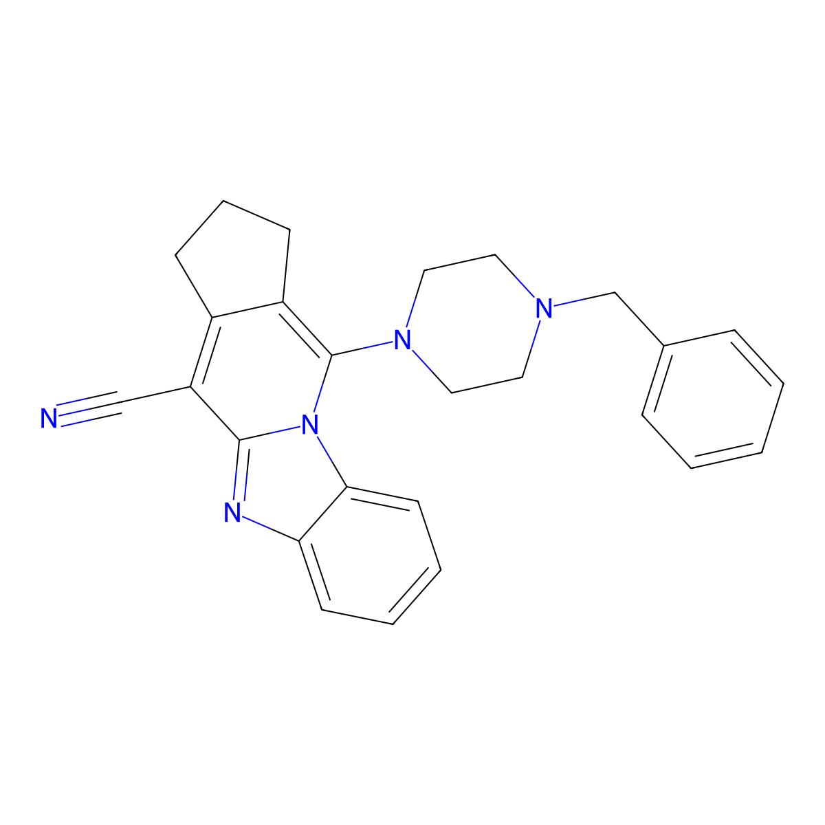 11-(4-benzylpiperazin-1-yl)-2,3-dihydro-1H-benzo[4,5]imidazo[1,2-a]cyclopenta[d]pyridine-4-carbonitrile molecular structure, CAS 163080-63-5