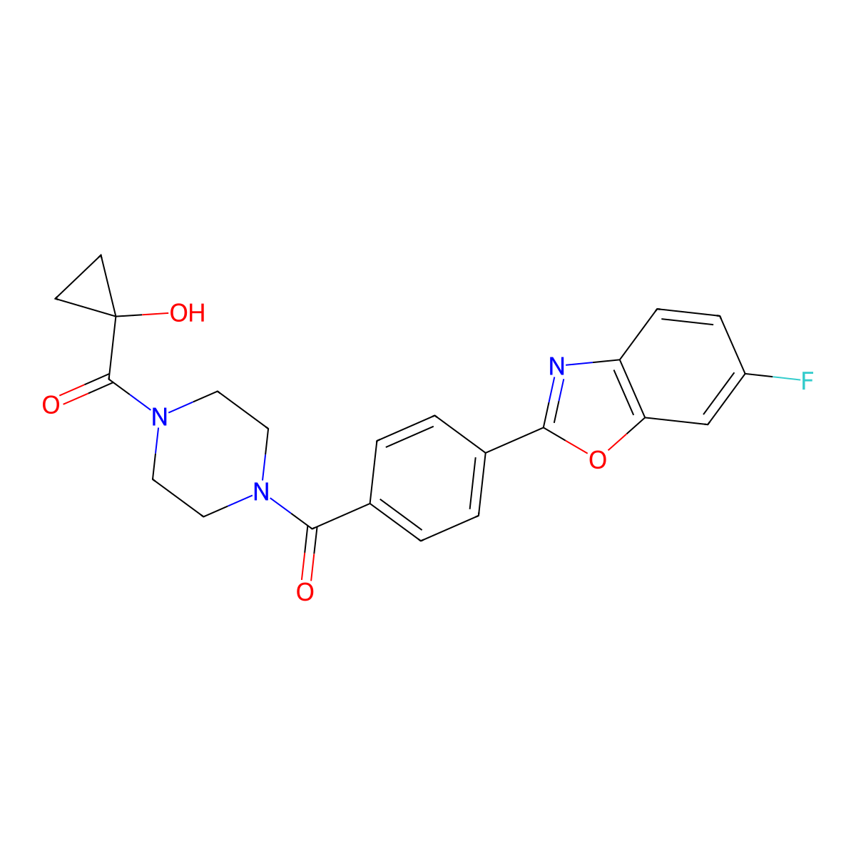 (4-(4-(6-Fluorobenzo[d]oxazol-2-yl)benzoyl)piperazin-1-yl)(1-hydroxycyclopropyl)methanone molecular structure, CAS 1630808-89-7