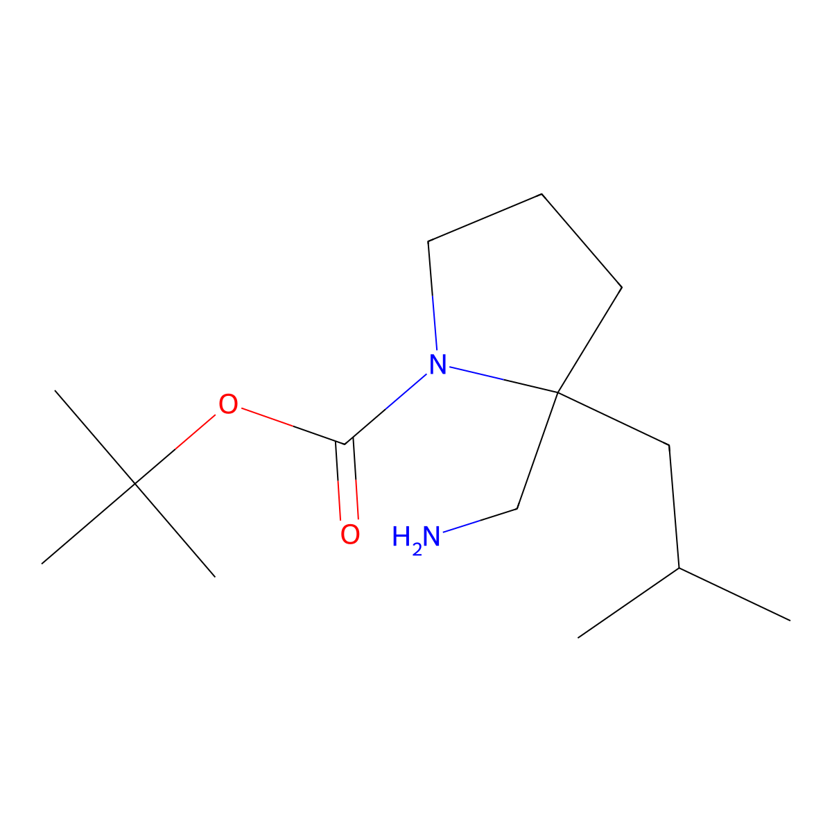 tert-butyl (2R)-2-(aminomethyl)-2-(2-methylpropyl)pyrrolidine-1-carboxylate molecular structure, CAS 1630815-58-5