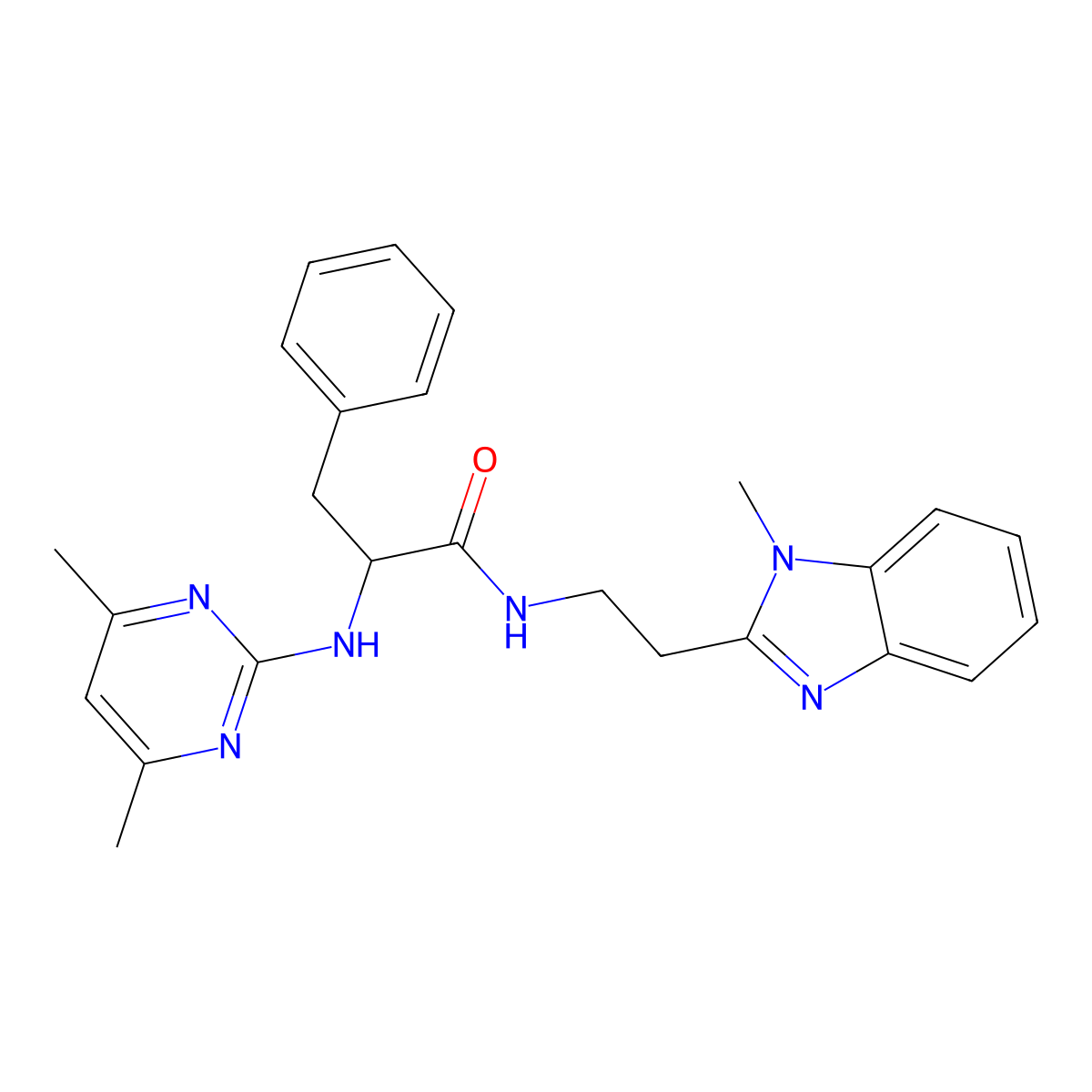2-[(4,6-dimethyl-2-pyrimidinyl)amino]-N-[2-(1-methyl-1H-1,3-benzimidazol-2-yl)ethyl]-3-phenylpropanamide molecular structure, CAS 1630822-69-3