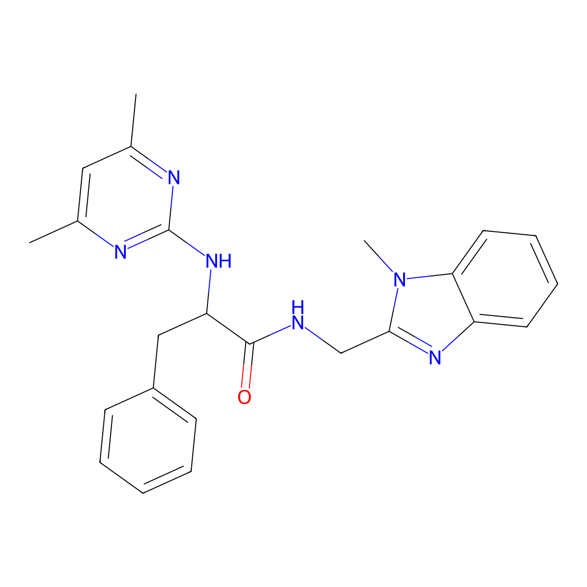 2-[(4,6-dimethyl-2-pyrimidinyl)amino]-N-[(1-methyl-1H-1,3-benzimidazol-2-yl)methyl]-3-phenylpropanamide molecular structure, CAS 1630822-73-9