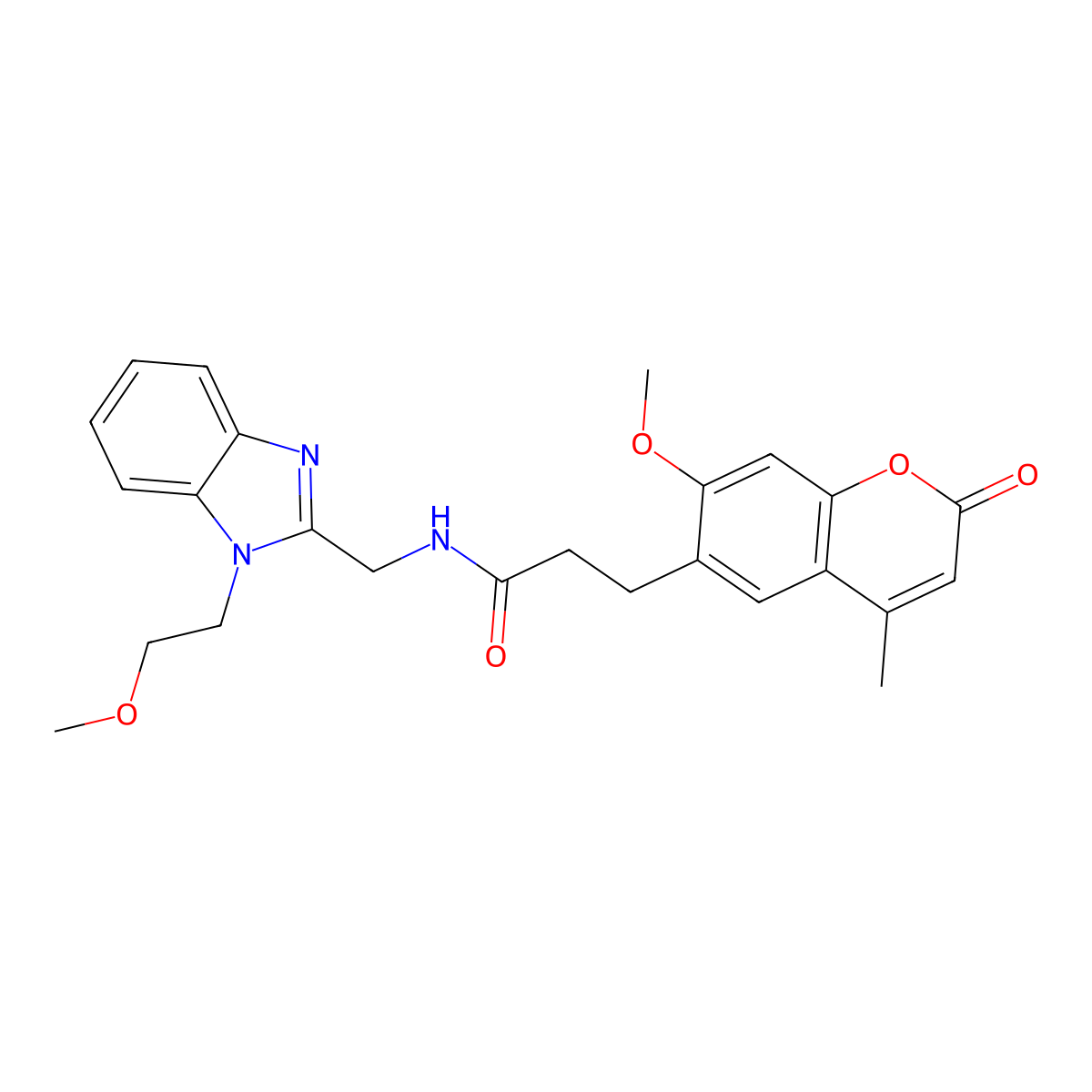 N-{[1-(2-methoxyethyl)-1H-benzimidazol-2-yl]methyl}-3-(7-methoxy-4-methyl-2-oxo-2H-chromen-6-yl)propanamide molecular structure, CAS 1630823-07-2