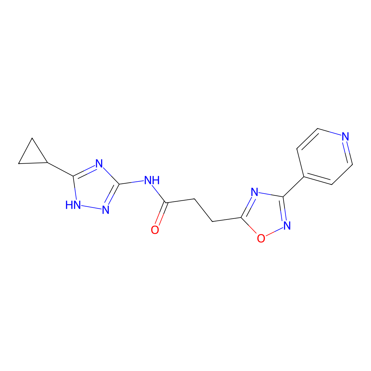 N-(3-cyclopropyl-1H-1,2,4-triazol-5-yl)-3-[3-(pyridin-4-yl)-1,2,4-oxadiazol-5-yl]propanamide molecular structure, CAS 1630823-46-9