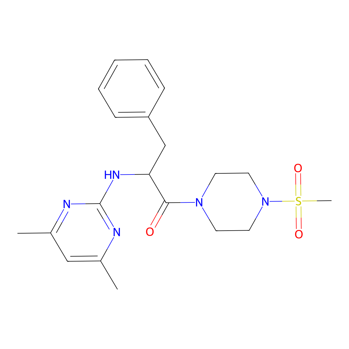 2-[(4,6-Dimethyl-2-pyrimidinyl)amino]-1-[4-(methylsulfonyl)piperazino]-3-phenyl-1-propanone molecular structure, CAS 1630823-56-1