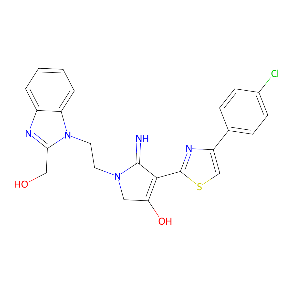 4-[4-(4-chlorophenyl)-1,3-thiazol-2-yl]-1-{2-[2-(hydroxymethyl)-1H-benzimidazol-1-yl]ethyl}-5-imino-2,5-dihydro-1H-pyrrol-3-ol molecular structure, CAS 1630823-71-0