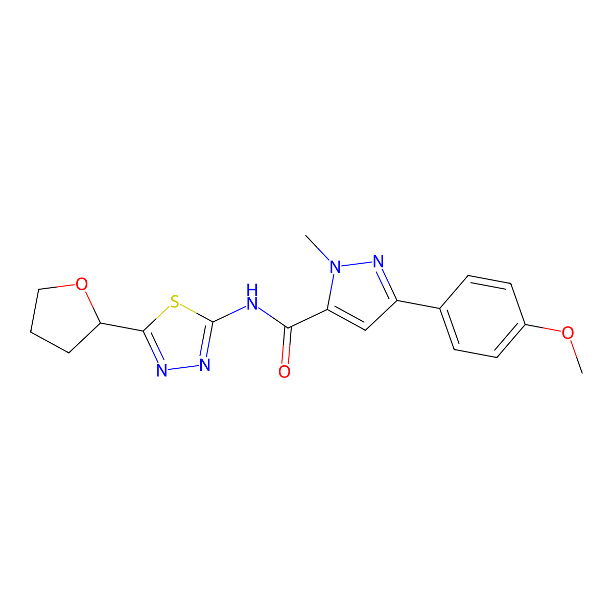 3-(4-methoxyphenyl)-1-methyl-N-[5-(tetrahydrofuran-2-yl)-1,3,4-thiadiazol-2-yl]-1H-pyrazole-5-carboxamide molecular structure, CAS 1630823-82-3