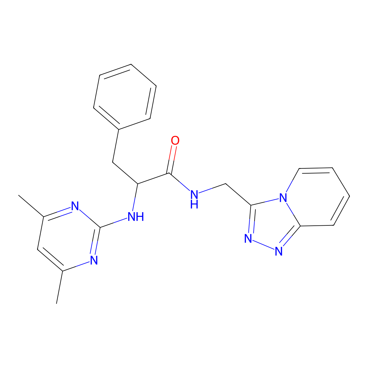 2-[(4,6-dimethyl-2-pyrimidinyl)amino]-3-phenyl-N-([1,2,4]triazolo[4,3-a]pyridin-3-ylmethyl)propanamide molecular structure, CAS 1630824-08-6