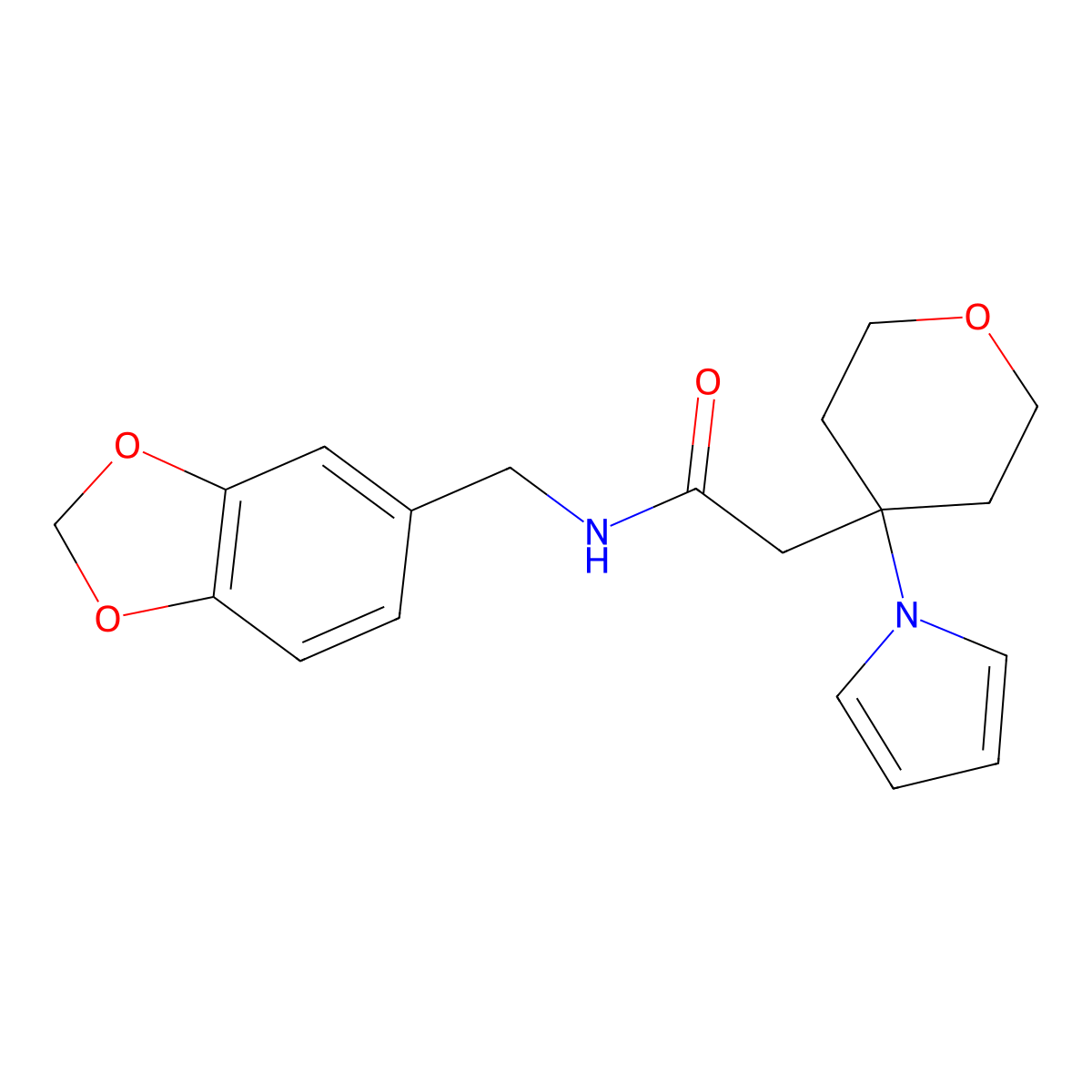 N-(1,3-benzodioxol-5-ylmethyl)-2-[4-(1H-pyrrol-1-yl)tetrahydro-2H-pyran-4-yl]acetamide molecular structure, CAS 1630824-45-1