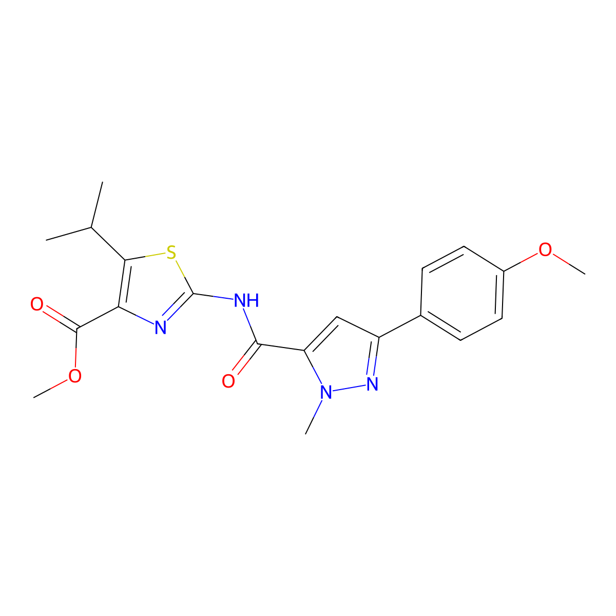 methyl 2-({[3-(4-methoxyphenyl)-1-methyl-1H-pyrazol-5-yl]carbonyl}amino)-5-(propan-2-yl)-1,3-thiazole-4-carboxylate molecular structure, CAS 1630826-37-7
