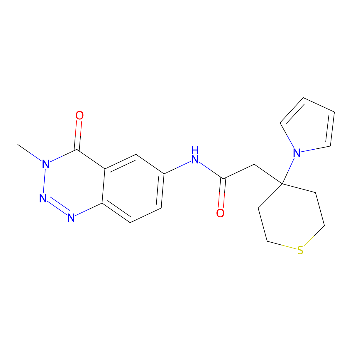 N-(3-methyl-4-oxo-3,4-dihydro-1,2,3-benzotriazin-6-yl)-2-[4-(1H-pyrrol-1-yl)tetrahydro-2H-thiopyran-4-yl]acetamide molecular structure, CAS 1630826-48-0