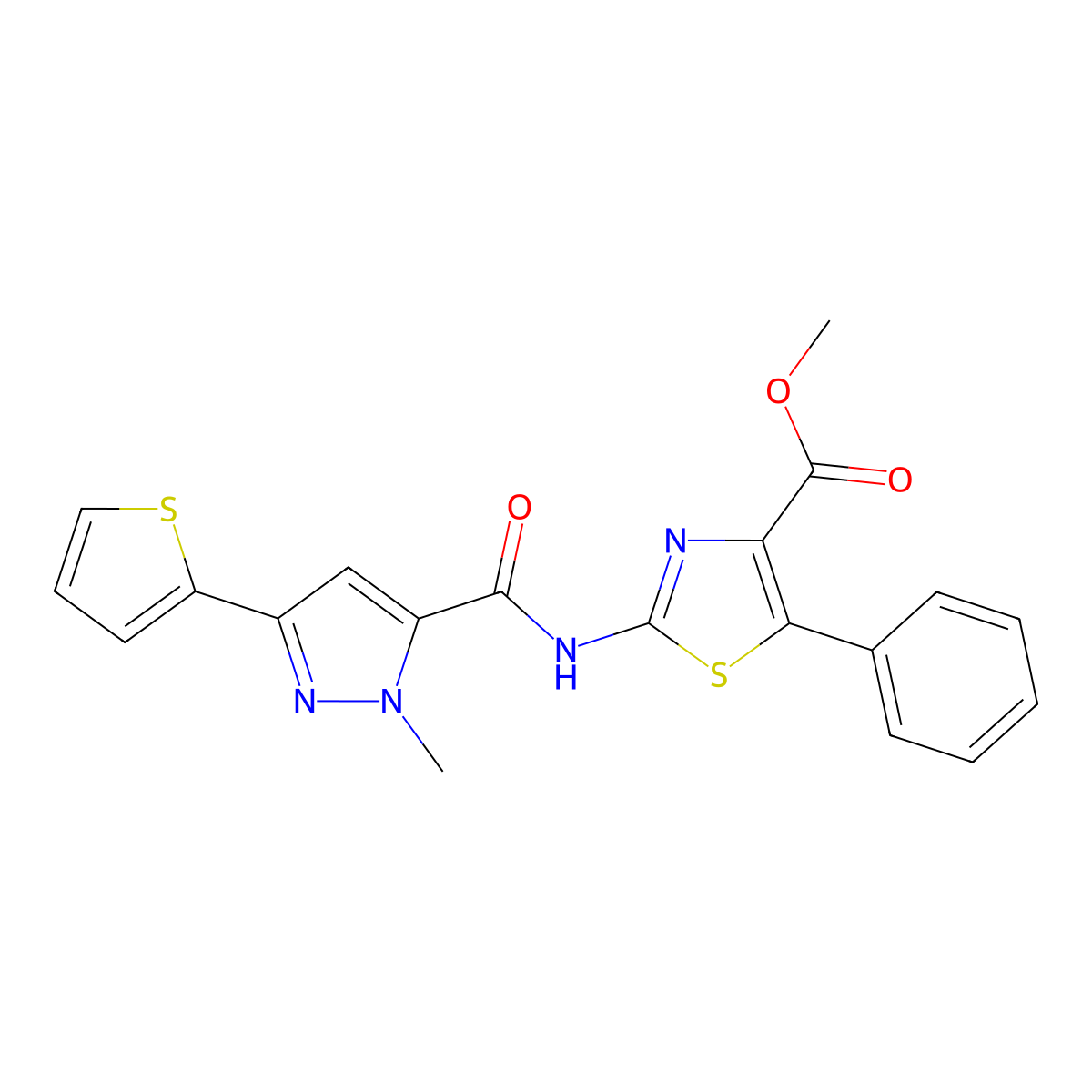 methyl 2-({[1-methyl-3-(thiophen-2-yl)-1H-pyrazol-5-yl]carbonyl}amino)-5-phenyl-1,3-thiazole-4-carboxylate molecular structure, CAS 1630827-13-2