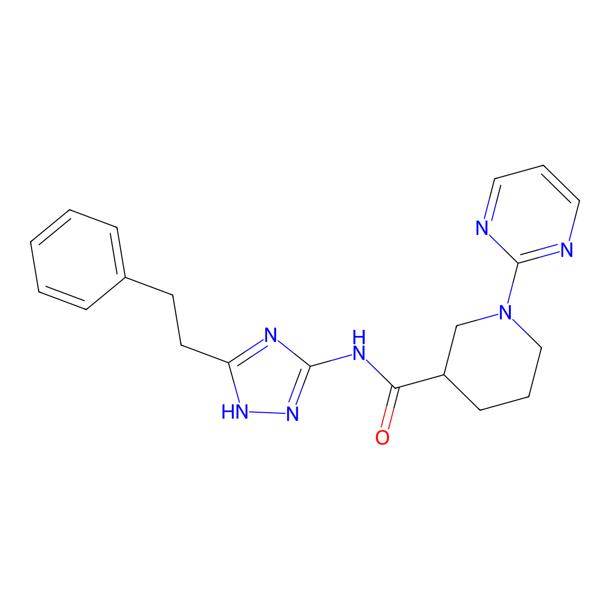 N-[3-(2-phenylethyl)-1H-1,2,4-triazol-5-yl]-1-(pyrimidin-2-yl)piperidine-3-carboxamide molecular structure, CAS 1630827-21-2