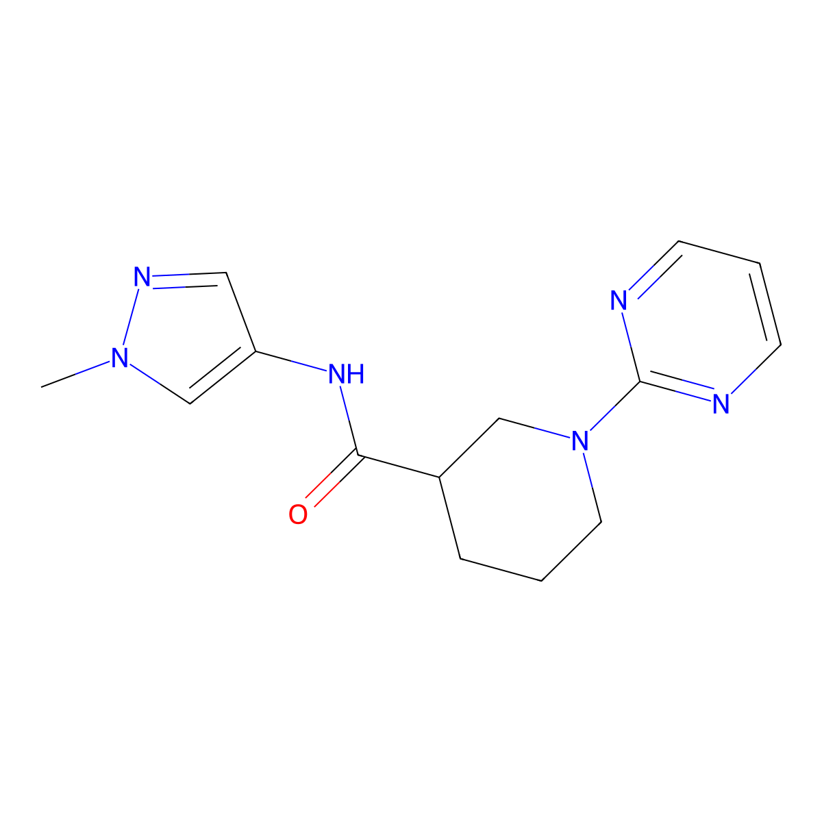 N-(1-methyl-1H-pyrazol-4-yl)-1-(pyrimidin-2-yl)piperidine-3-carboxamide molecular structure, CAS 1630827-26-7