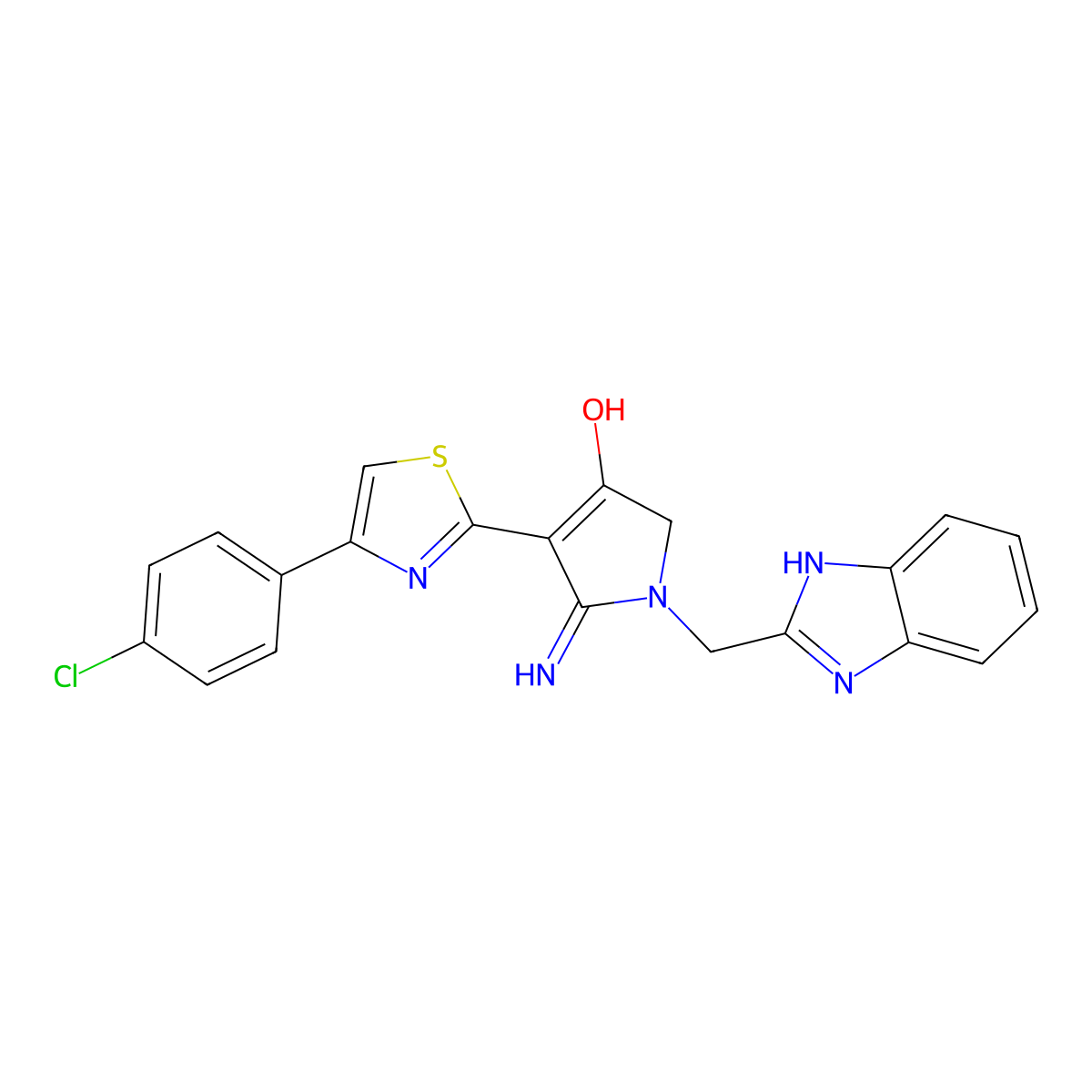 1-((1H-benzo[d]imidazol-2-yl)methyl)-5-amino-4-(4-(4-chlorophenyl)thiazol-2-yl)-1H-pyrrol-3(2H)-one molecular structure, CAS 1630827-36-9