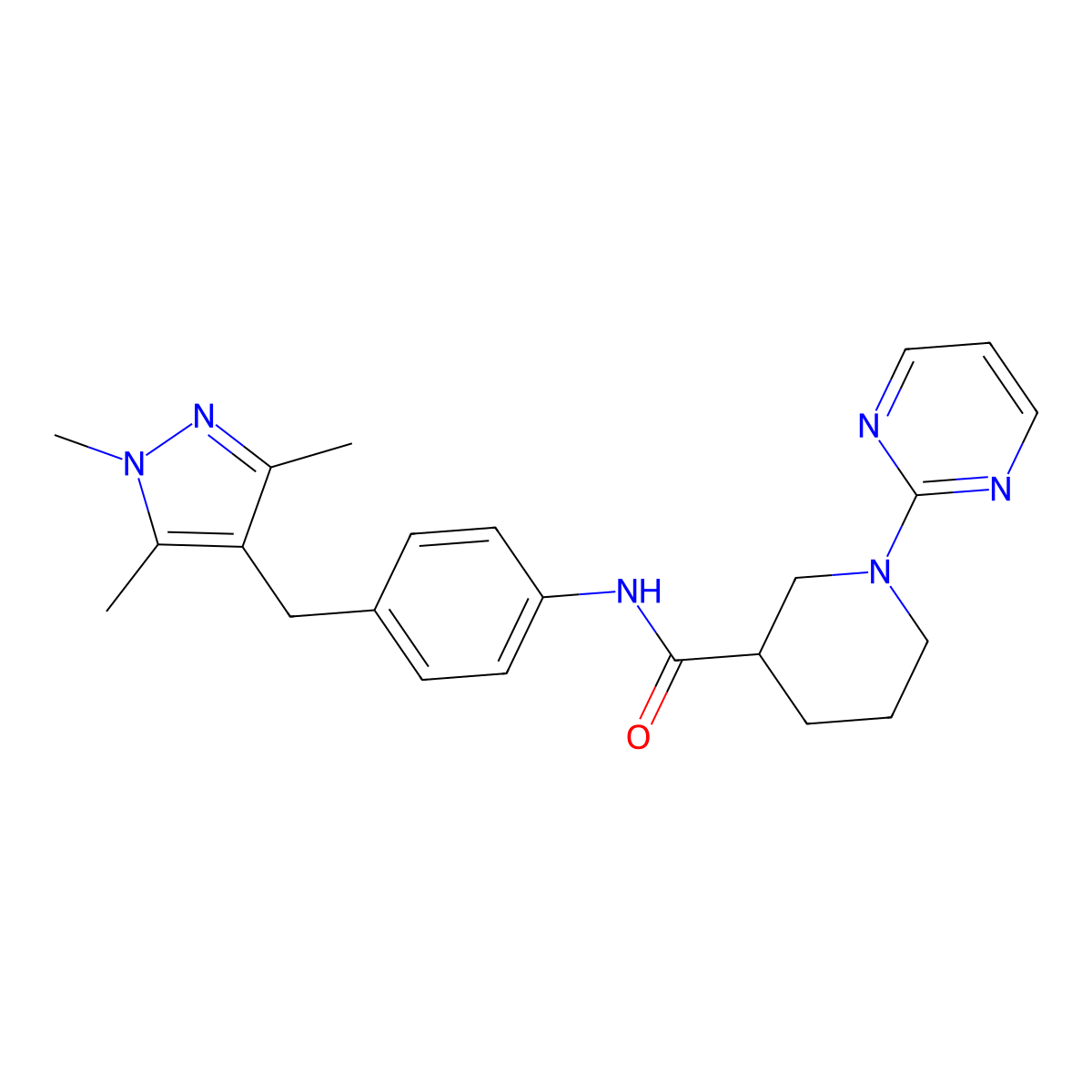 1-(pyrimidin-2-yl)-N-{4-[(1,3,5-trimethyl-1H-pyrazol-4-yl)methyl]phenyl}piperidine-3-carboxamide molecular structure, CAS 1630827-45-0