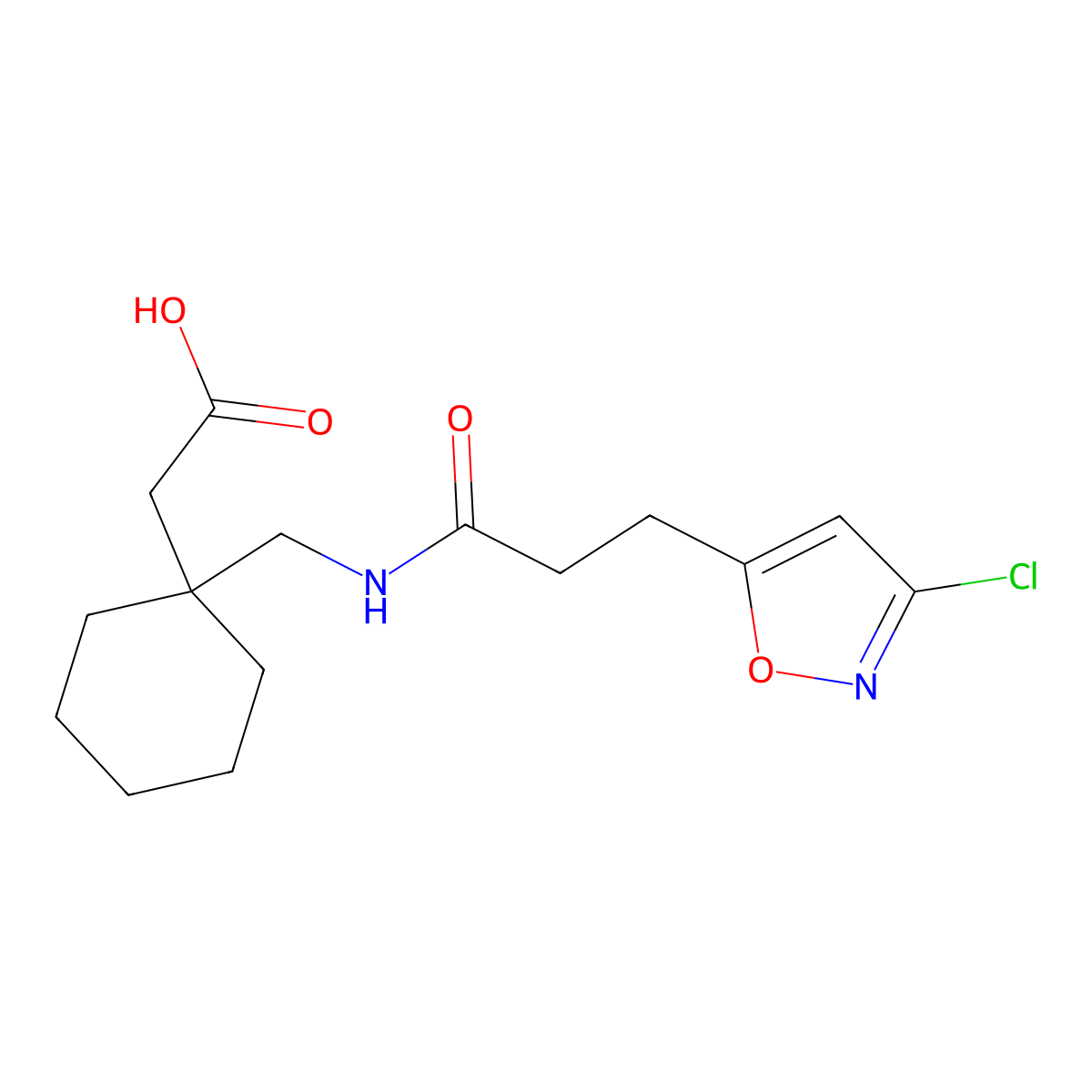 [1-({[3-(3-Chloro-1,2-oxazol-5-yl)propanoyl]amino}methyl)cyclohexyl]acetic acid molecular structure, CAS 1630827-50-7