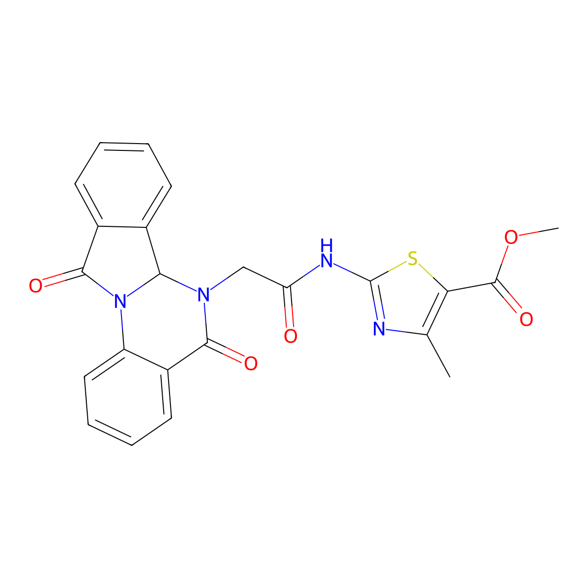 methyl 2-{[(5,11-dioxo-6a,11-dihydroisoindolo[2,1-a]quinazolin-6(5H)-yl)acetyl]amino}-4-methyl-1,3-thiazole-5-carboxylate molecular structure, CAS 1630827-84-7