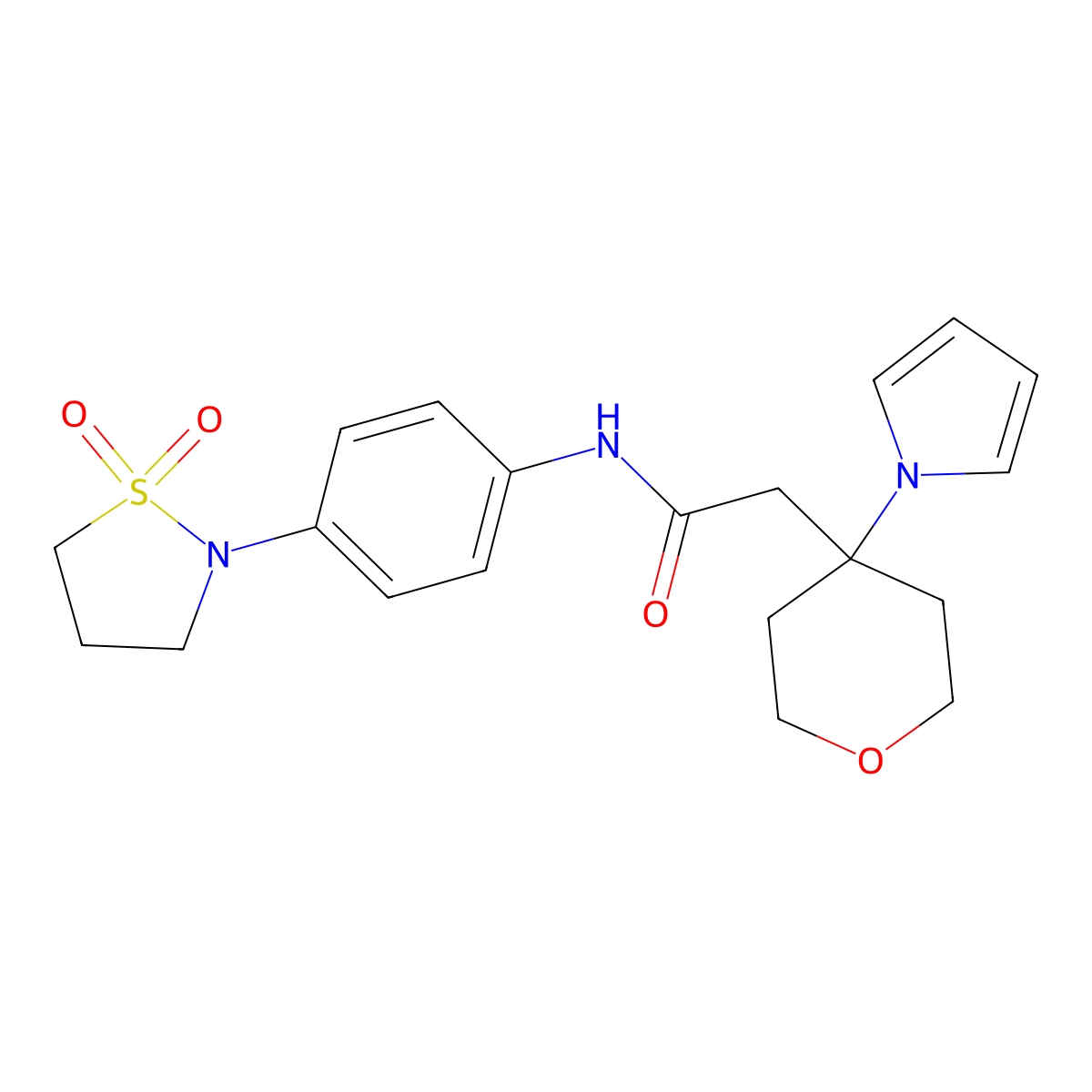 N-[4-(1,1-dioxido-1,2-thiazolidin-2-yl)phenyl]-2-[4-(1H-pyrrol-1-yl)tetrahydro-2H-pyran-4-yl]acetamide molecular structure, CAS 1630828-03-3