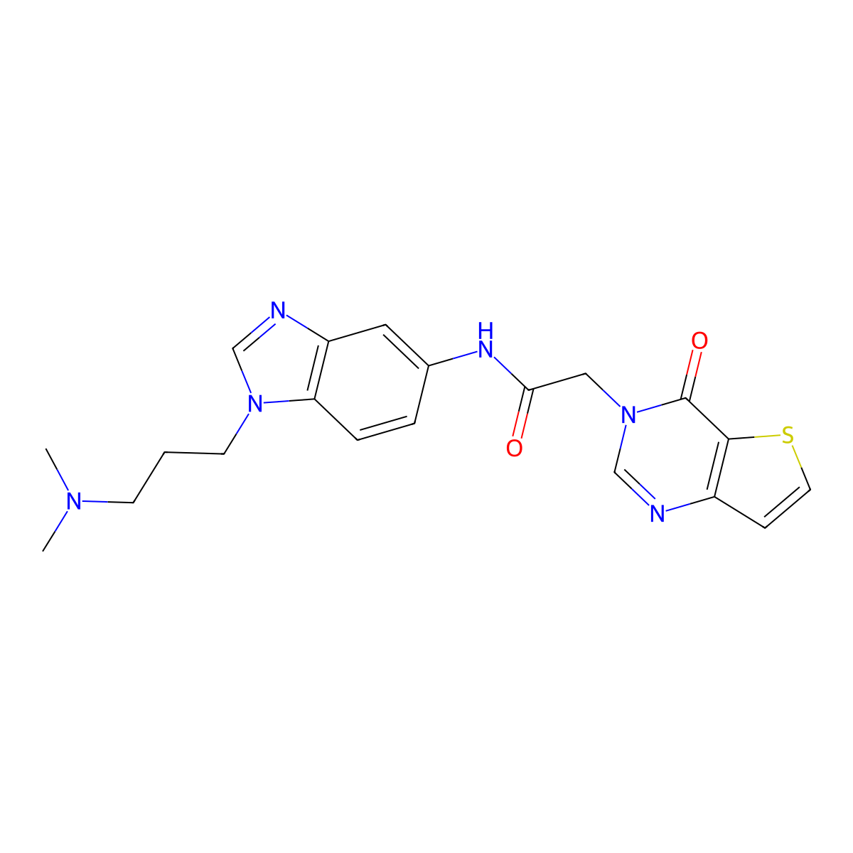N-{1-[3-(dimethylamino)propyl]-1H-benzimidazol-5-yl}-2-(4-oxothieno[3,2-d]pyrimidin-3(4H)-yl)acetamide molecular structure, CAS 1630830-97-5