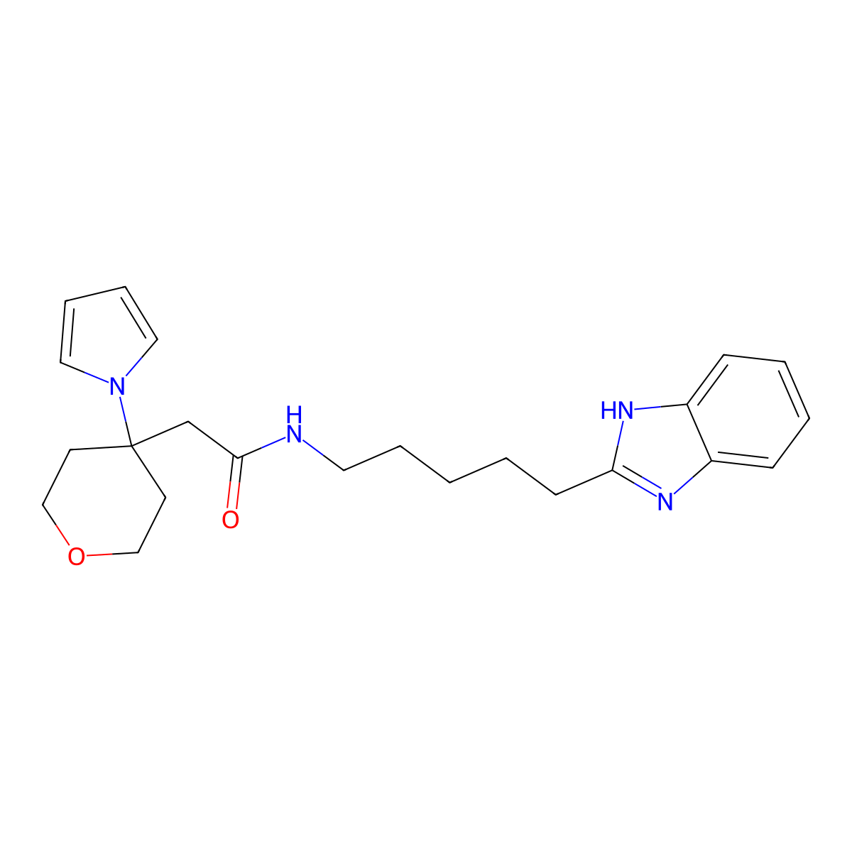 N-[5-(1H-benzimidazol-2-yl)pentyl]-2-[4-(1H-pyrrol-1-yl)tetrahydro-2H-pyran-4-yl]acetamide molecular structure, CAS 1630831-20-7