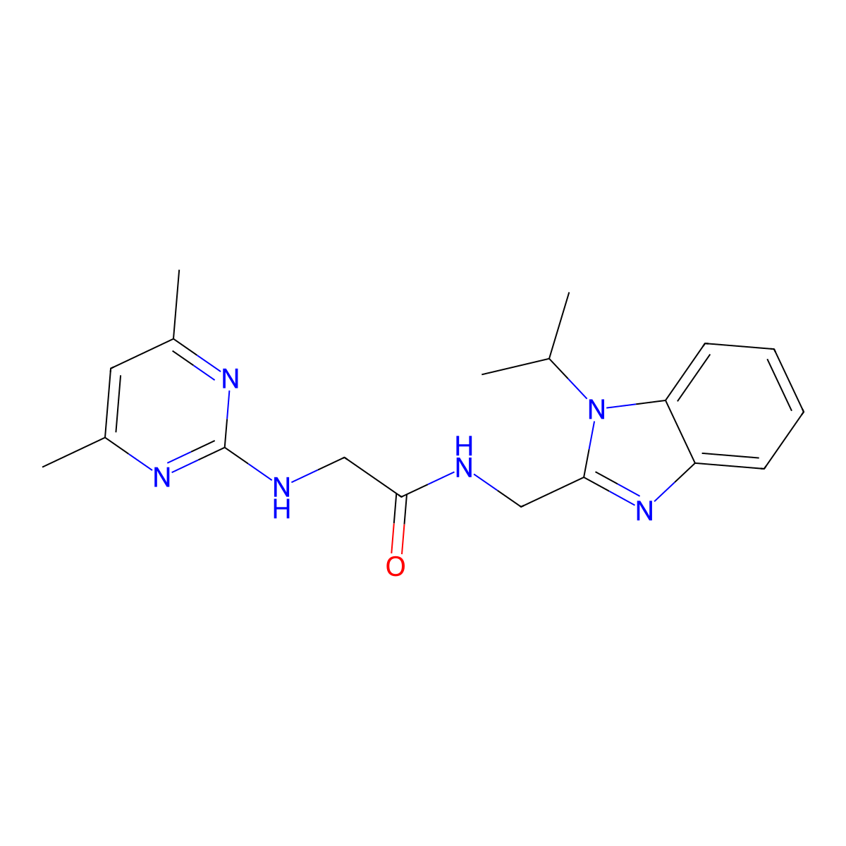 2-[(4,6-dimethyl-2-pyrimidinyl)amino]-N-[(1-isopropyl-1H-1,3-benzimidazol-2-yl)methyl]acetamide molecular structure, CAS 1630831-27-4