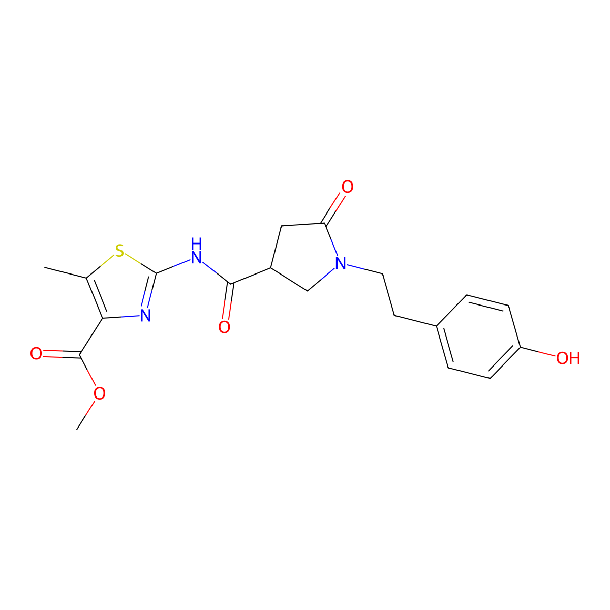 Methyl 2-[({1-[2-(4-hydroxyphenyl)ethyl]-5-oxopyrrolidin-3-yl}carbonyl)amino]-5-methyl-1,3-thiazole-4-carboxylate molecular structure, CAS 1630831-29-6