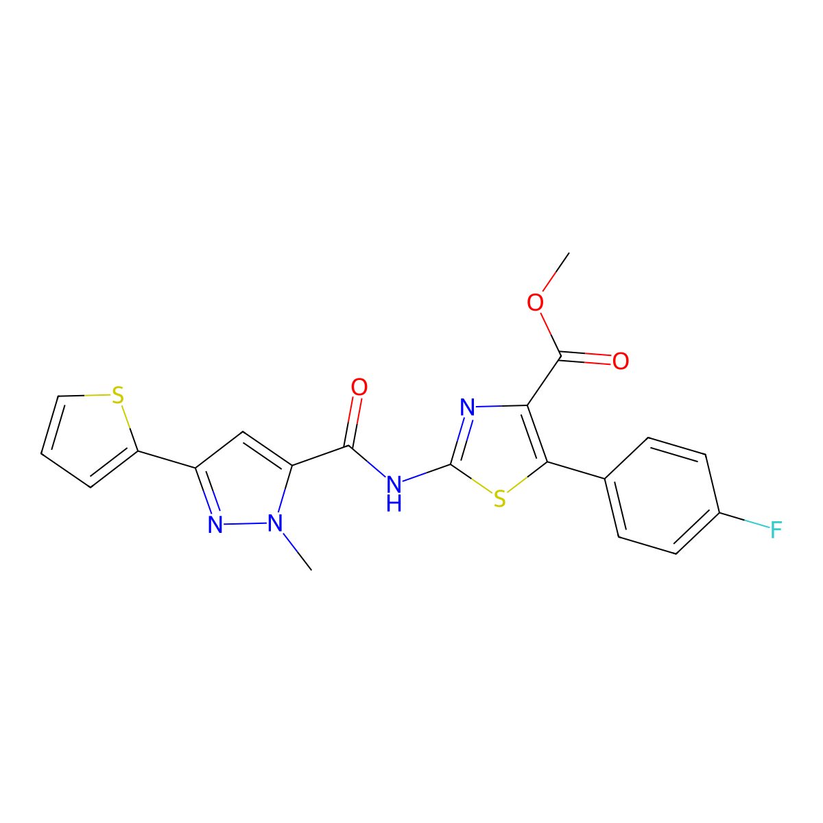 methyl 5-(4-fluorophenyl)-2-({[1-methyl-3-(thiophen-2-yl)-1H-pyrazol-5-yl]carbonyl}amino)-1,3-thiazole-4-carboxylate molecular structure, CAS 1630831-54-7