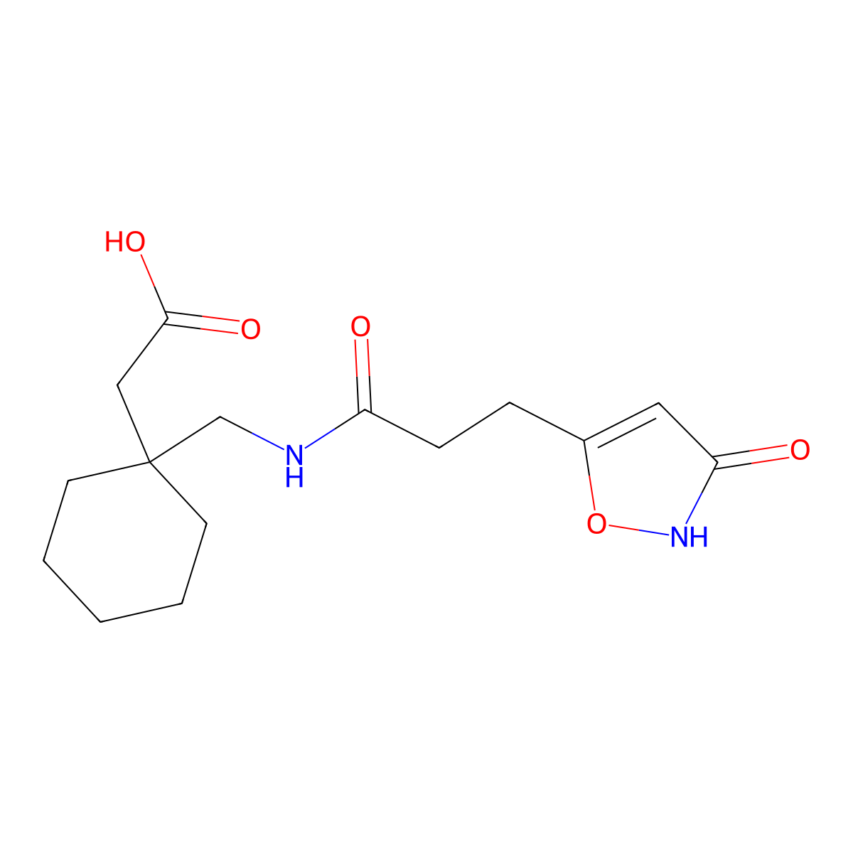 [1-({[3-(3-Hydroxy-1,2-oxazol-5-yl)propanoyl]amino}methyl)cyclohexyl]acetic acid molecular structure, CAS 1630831-65-0