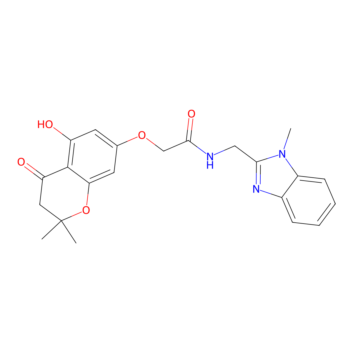 2-[(5-hydroxy-2,2-dimethyl-4-oxo-3,4-dihydro-2H-chromen-7-yl)oxy]-N-[(1-methyl-1H-benzimidazol-2-yl)methyl]acetamide molecular structure, CAS 1630831-69-4