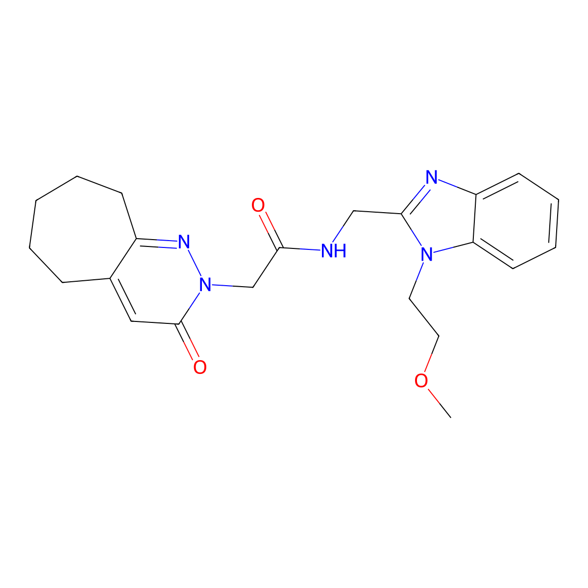 N-{[1-(2-methoxyethyl)-1H-benzimidazol-2-yl]methyl}-2-(3-oxo-3,5,6,7,8,9-hexahydro-2H-cyclohepta[c]pyridazin-2-yl)acetamide molecular structure, CAS 1630831-77-4