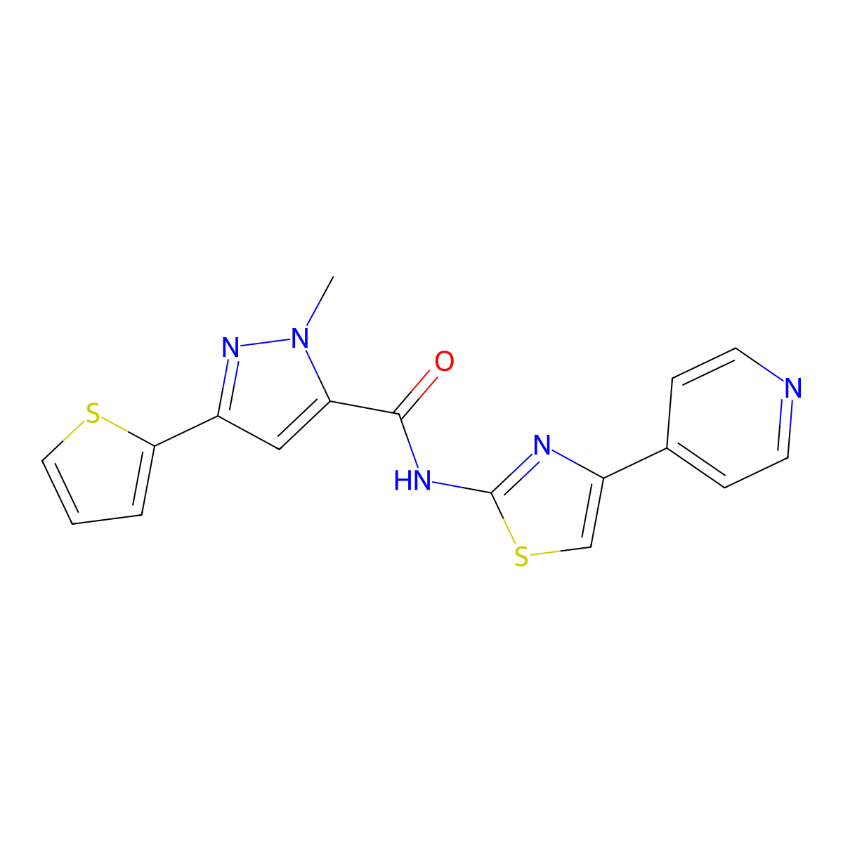 1-methyl-N-[4-(pyridin-4-yl)-1,3-thiazol-2-yl]-3-(thiophen-2-yl)-1H-pyrazole-5-carboxamide molecular structure, CAS 1630831-85-4