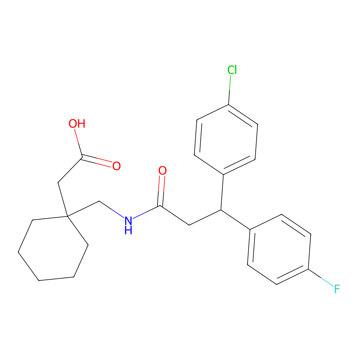 [1-({[3-(4-Chlorophenyl)-3-(4-fluorophenyl)propanoyl]amino}methyl)cyclohexyl]acetic acid molecular structure, CAS 1630832-31-3