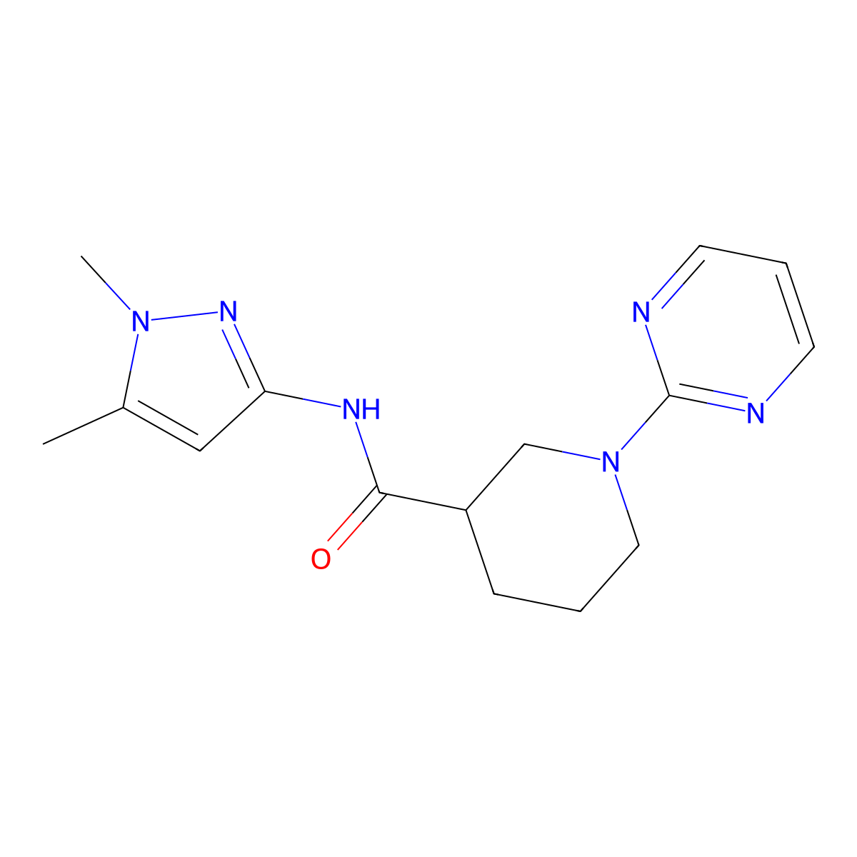 N-(1,5-dimethyl-1H-pyrazol-3-yl)-1-(pyrimidin-2-yl)piperidine-3-carboxamide molecular structure, CAS 1630832-48-2