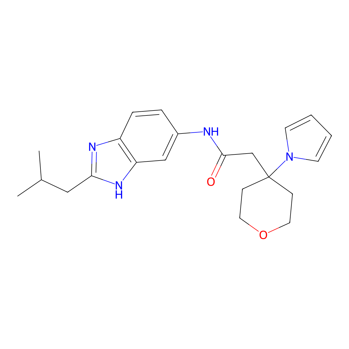 N-[2-(2-methylpropyl)-1H-benzimidazol-6-yl]-2-[4-(1H-pyrrol-1-yl)tetrahydro-2H-pyran-4-yl]acetamide molecular structure, CAS 1630832-58-4